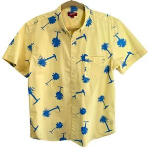 Arizona Yellow Blue Palm Tree Print Button Up Shirt Short Sleeves Mens Large